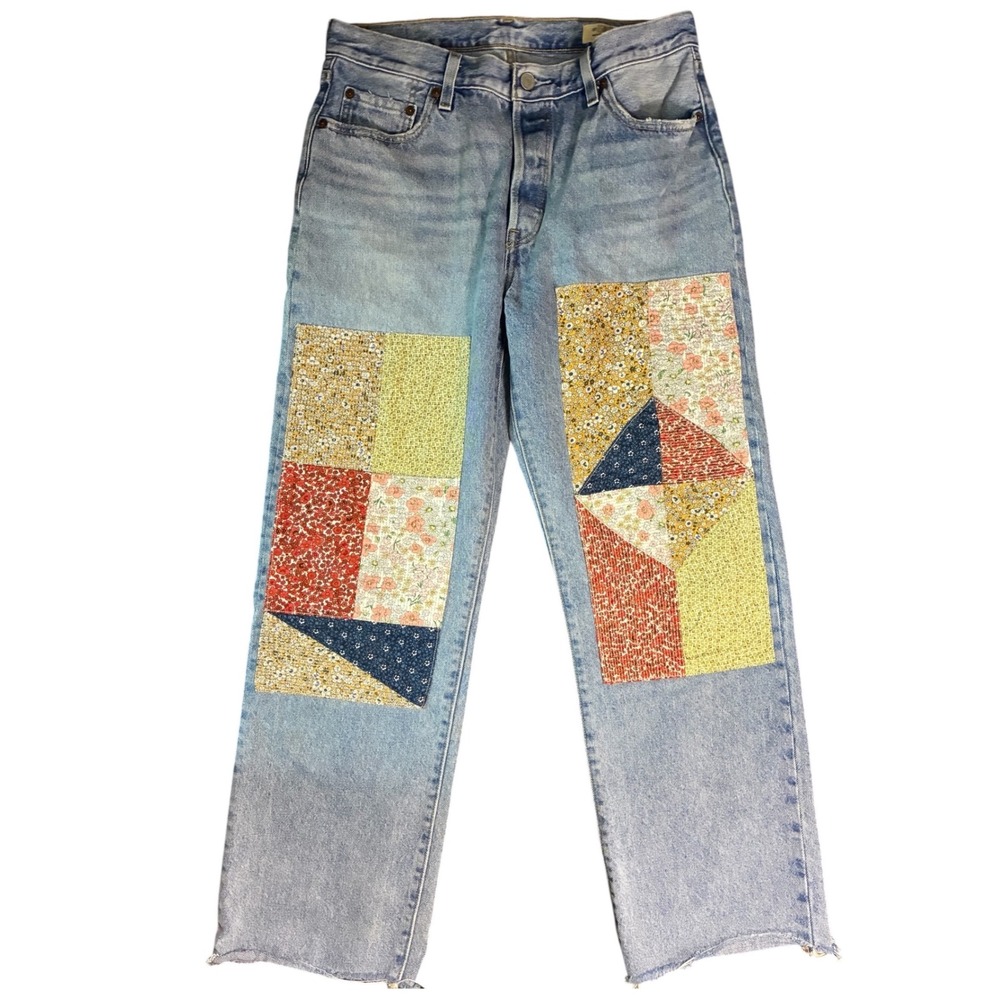 Levis 501 150th Anniversary Edition Floral Patchwork Straight Jeans Light Wash